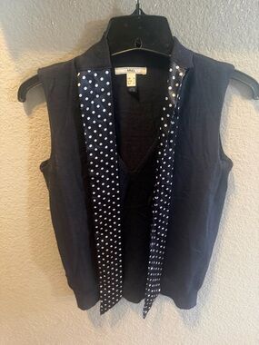 Mango MNG Wool Sweater Vest Tie Neck Polka Dot Top Sleeveless Black Medium Chic
